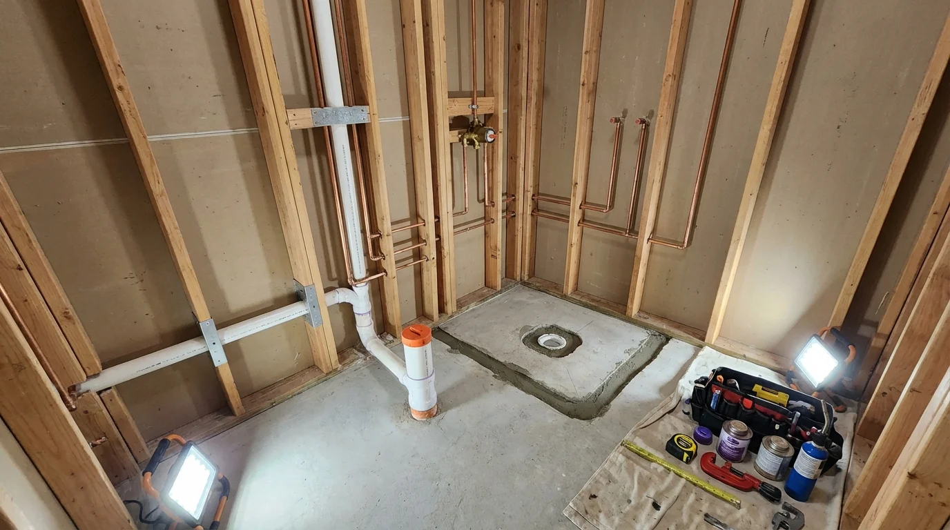 Bathroom rough-in plumbing during remodel by Johns Plumbing LLC in Spring House