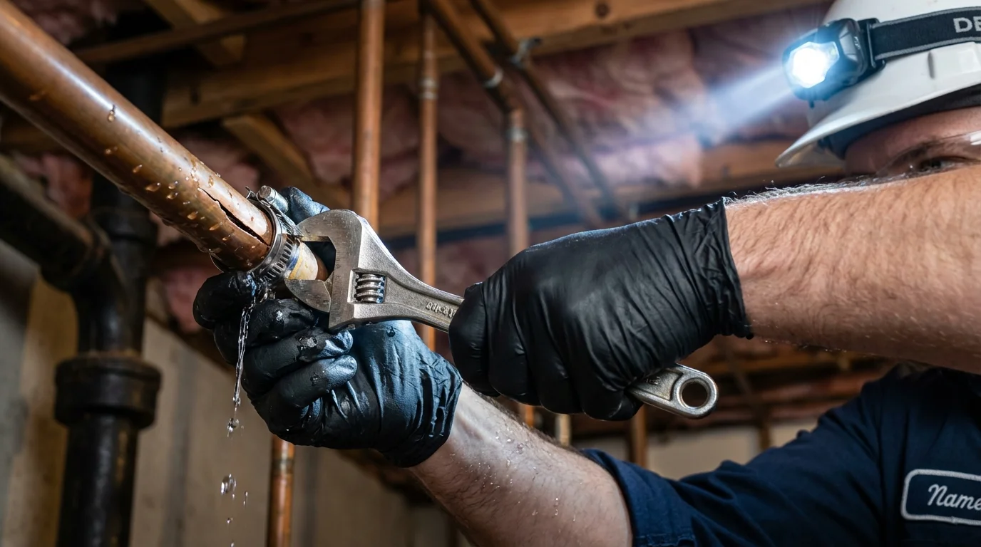 Emergency pipe clamp repair being performed by a Johns Plumbing LLC plumber in Spring House
