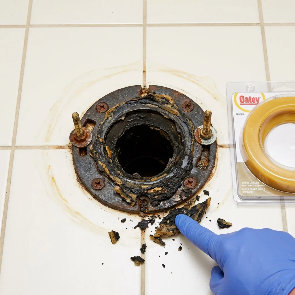 Failed wax ring showing water seepage at the base of a toilet in a Spring House, PA home