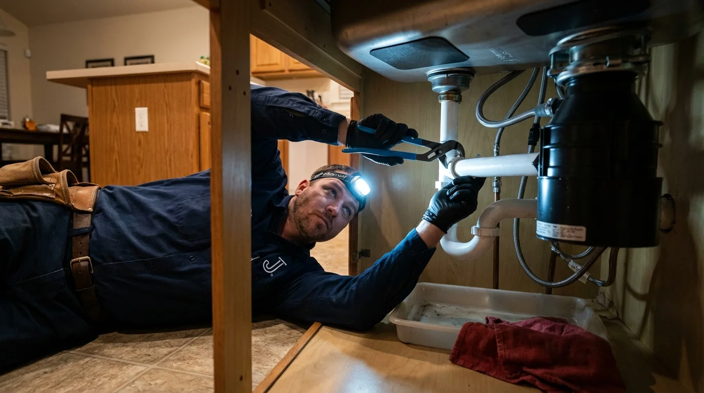 P-trap and supply line connections under a kitchen sink showing a common leak point in Spring House, PA