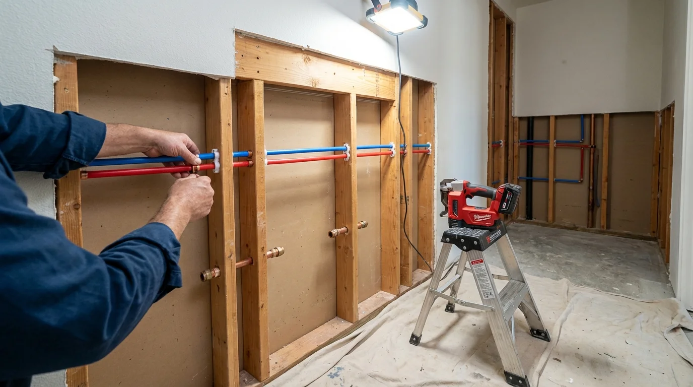 Old galvanized pipes being replaced with modern PEX piping during a whole-house repipe in Spring House, PA